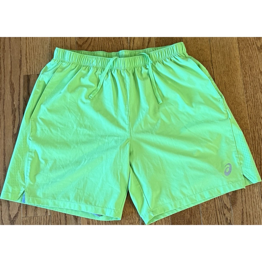 Asics Mens Lime Green Running Shorts Large 7" Inseam Athletic Grey Mesh Lined